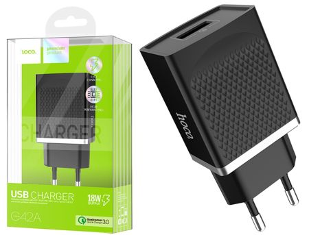 СЗУ блок QC3.0 2.4A, 18W, 1USB Hoco C42A Black