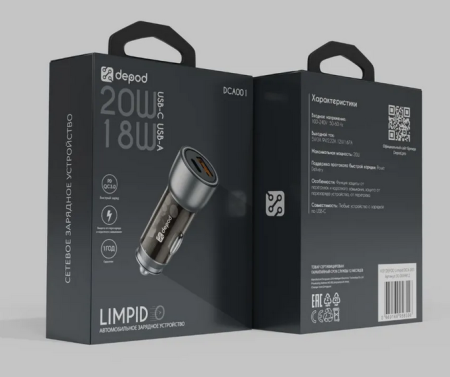 АЗУ блок 3A, 20W 1USB+1Type-C Depod DCA-001 Black